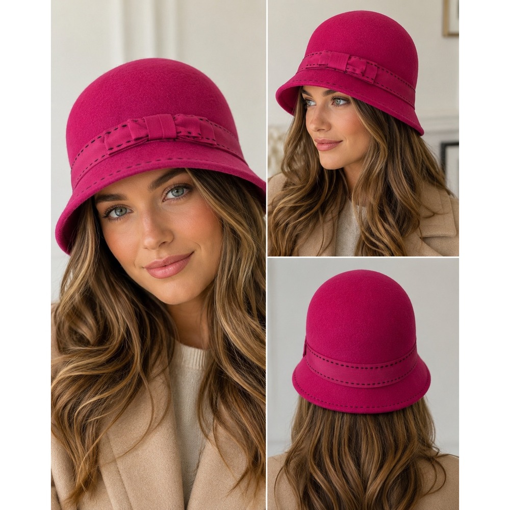 Nordstrom Magenta Pink Wool Cloche Hat Made in Italy Bow Detail Vintage Style